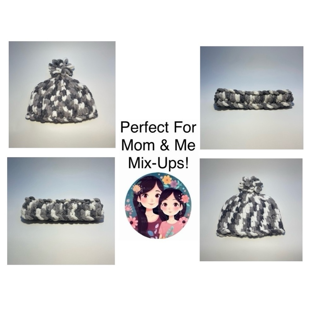 Handmade Women’s/Junior’s Winter Hat With Loopy Pom-Pom - Gray & White - Picture 9 of 9